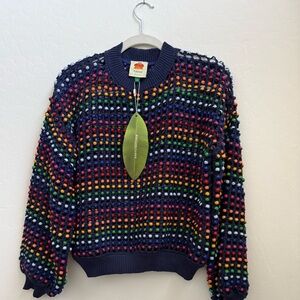 FARM Rio Navy Open-Knit Sweater with Rainbow Pom-Poms